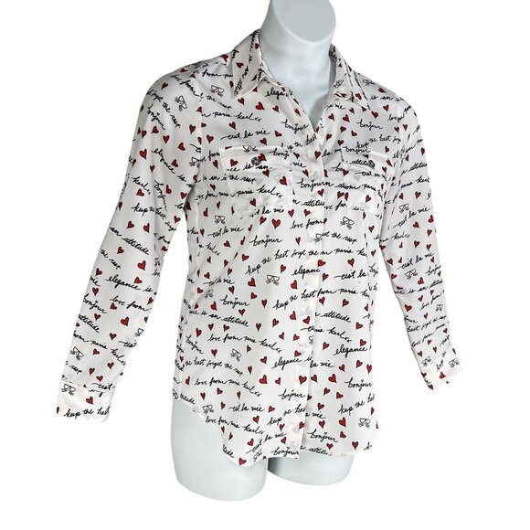 Karl Lagerfeld Paris XS White Blouse Red Heart Script Button Up Roll Tab Sleeve - Picture 4 of 16